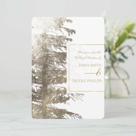 Goud & Wit Glam Pine Tree Rustieke Bos Bruiloft Kaart (Staand voorkant)