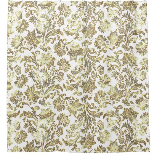 Goud & Wit Glitter Bloemen Damasks Douchegordijn (Voorkant)