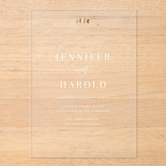 Goud & Wit Hemelse Maan Transparant Huwelijk Acryl Uitnodigingen (Voorkant)