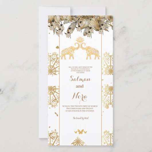 Goud wit Henna Olifanten Indische bruiloft uitnodi (Voorkant)