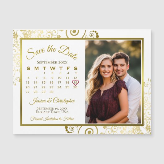 Goud & Wit Kalender & Foto Bewaar de datummagneet Magnetische Uitnodiging (Voorkant)