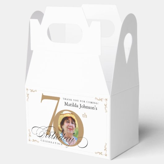 Goud Wit Kalligrafie Custom Photo 70th Birthday Bedankdoosjes (Geopend)