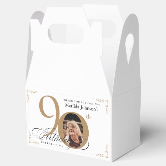 Goud Wit Kalligrafie Foto Elegant 90ste Verjaardag Bedankdoosjes (Geopend)