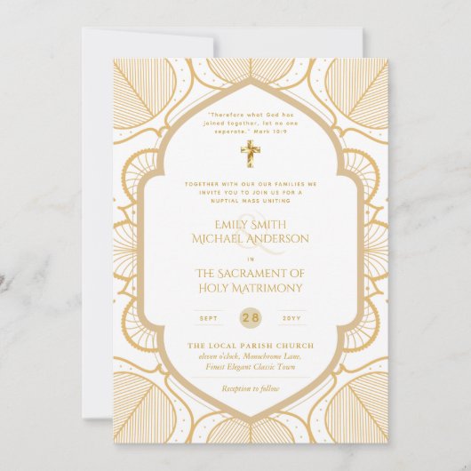 Goud Wit  Katholiek Nuptial Mass Bruiloft Kaart (Voorkant)