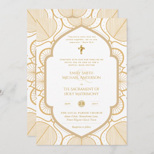 Goud Wit  Katholiek Nuptial Mass Bruiloft Kaart (Voorkant / Achterkant)