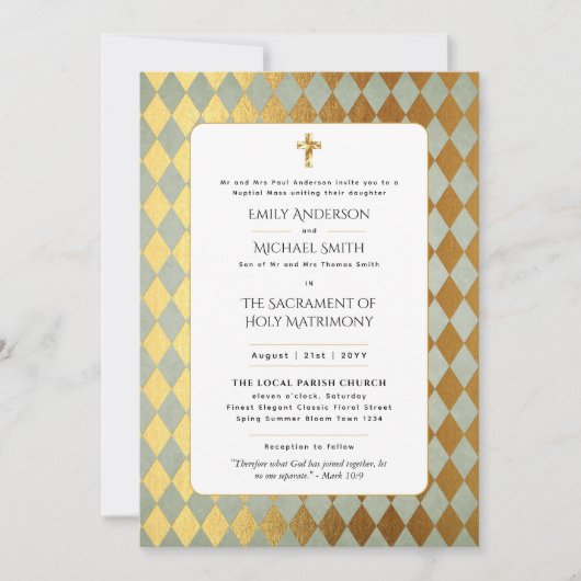 Goud Wit Katholiek Nuptial Mass Bruiloft Kaart (Voorkant)