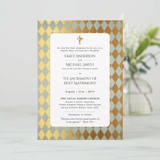 Goud Wit Katholiek Nuptial Mass Bruiloft Kaart (Staand voorkant)