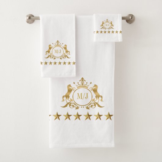 Goud Wit Koninklijke Rollen Kroonpaarden Monogram Bad Handdoek (Insitu)