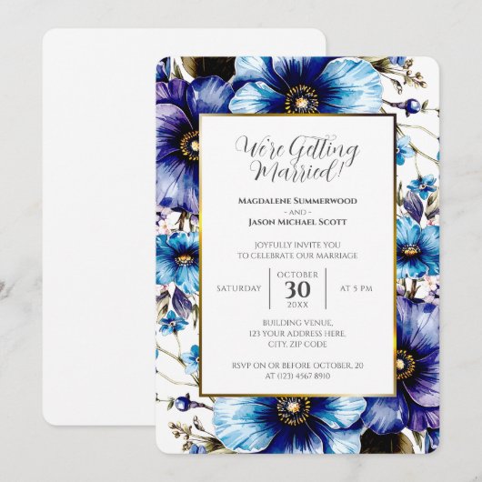 Goud Wit Lijst Blauw Paarse Bloemen Achtergrond Kaart (Voorkant / Achterkant)