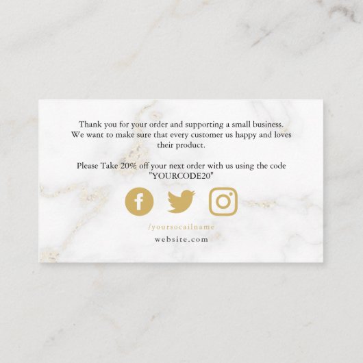 Goud wit marmer effect luxe klant bedankt informatiekaartje (Achterkant)