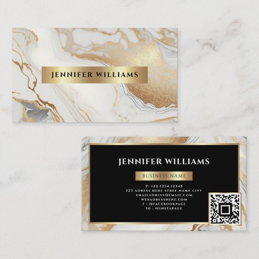 Goud Wit Marmer Elegant QR Code Modern Visitekaartje (Voorkant / Achterkant)