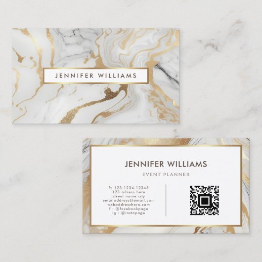 Goud Wit Marmer Elegante Moderne QR Code Visitekaartje (Voorkant / Achterkant)