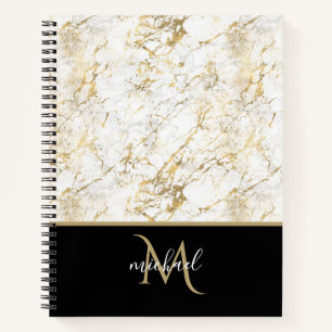 Goud & wit marmer met zwart monogram notitieboek
