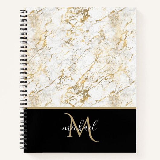Goud & wit marmer met zwart monogram notitieboek (Voorkant)