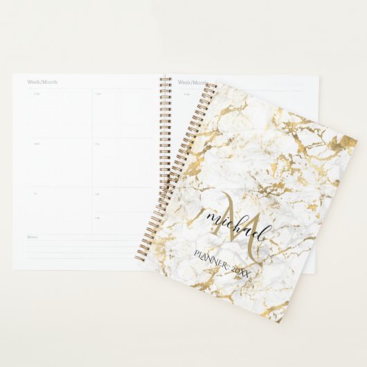 Goud & wit marmer met zwart monogram planner (Display)
