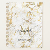 Goud & wit marmer met zwart monogram planner (Voorkant)