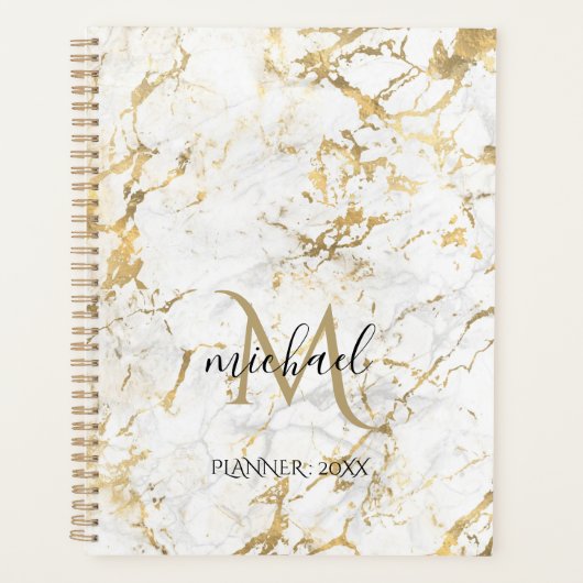 Goud & wit marmer met zwart monogram planner (Voorkant)