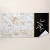 Goud & wit marmer met zwart monogram strandlaken (Voorkant)