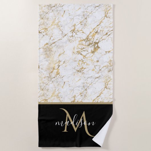 Goud & wit marmer met zwart monogram strandlaken (Voorkant)