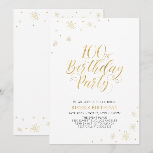 Goud & Wit | Modern Chique 100ste Verjaardagsfeest Kaart (Voorkant / Achterkant)