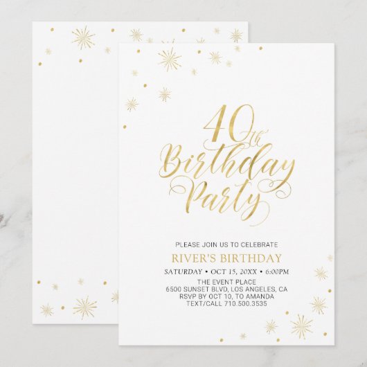 Goud & Wit | Moderne Chic 40e Verjaardagsfeestje Kaart (Voorkant / Achterkant)