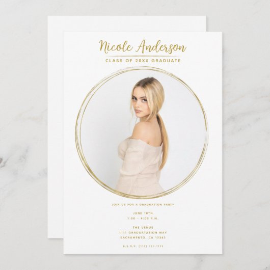 Goud & Wit Moderne Ronde Fotoafstudeerfeest Kaart (Voorkant / Achterkant)