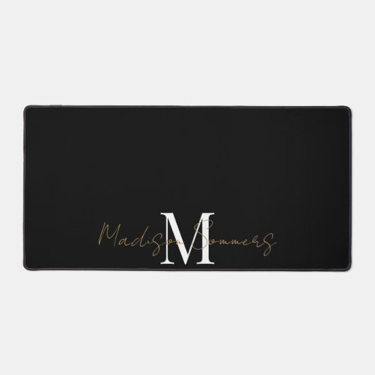 Goud Wit Monogram Script op zwart Bureaumat (Voorkant)