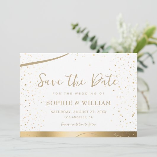 Goud & Wit Mooie Elegante Bruiloft Save The Date (Staand voorkant)