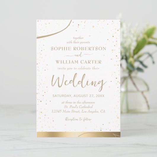 Goud & Wit Mooie Elegante Huwelijksuitnodiging Kaart (Staand voorkant)