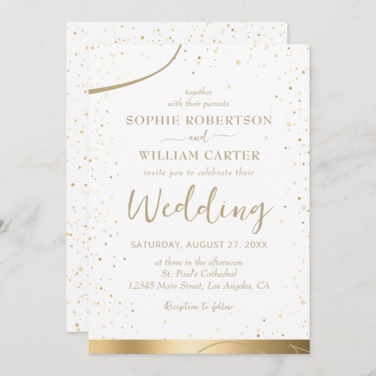 Goud & Wit Mooie Elegante Huwelijksuitnodiging Kaart (Voorkant / Achterkant)