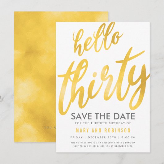 Goud Wit Opslaan Datum Dertig Verjaardag Feest Kaart (Voorkant / Achterkant)