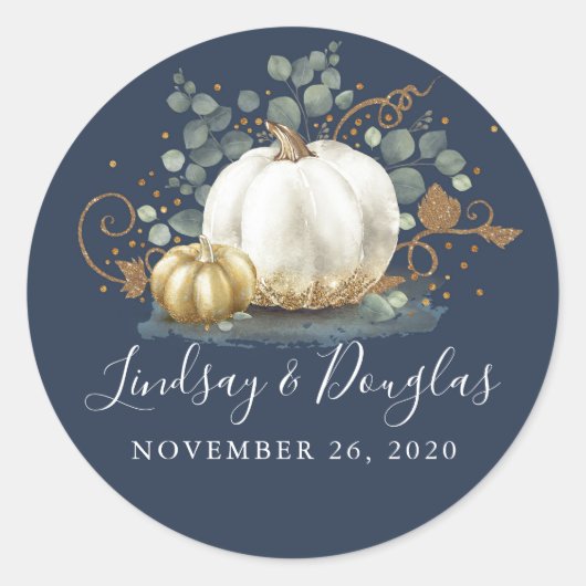 Goud Wit Pompoen Herfst Bruiloft Marine Blauw Ronde Sticker (Voorkant)