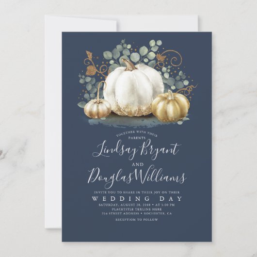 Goud Wit Pompoenen Rustiek Marine Blauw Herfst Bru Kaart (Voorkant)