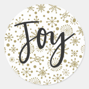 Goud & Wit Retro Sneeuwvlokken Kerstcadeautje JOY Ronde Sticker