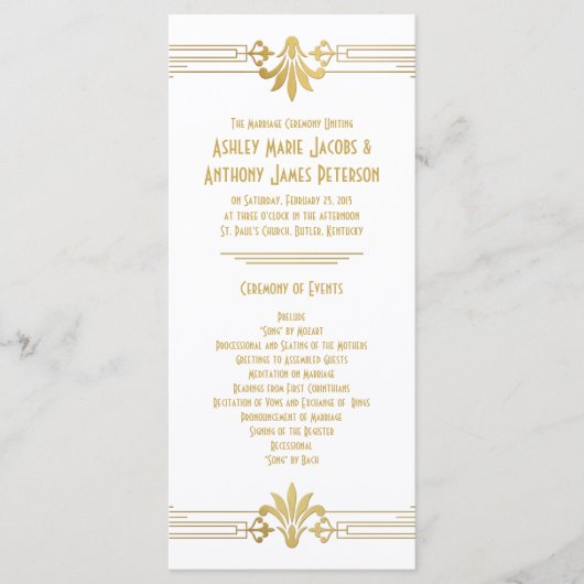 Goud Wit Roaring 20s Art Deco Trouwprogramma Programmakaart (Voorkant)