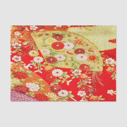 Goud Wit Rood Japans Kimono Bloemen Decoupage Tissuepapier (Voorkant)