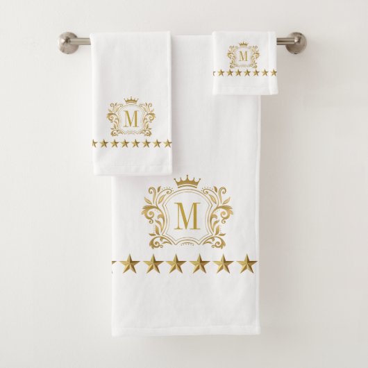 Goud Wit Royal Scrolls Crown Crest Monogram Bad Handdoek (Insitu)