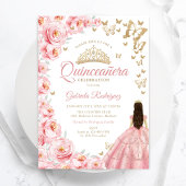 Goud Wit Roze Bloemen Quinceanera Kaart