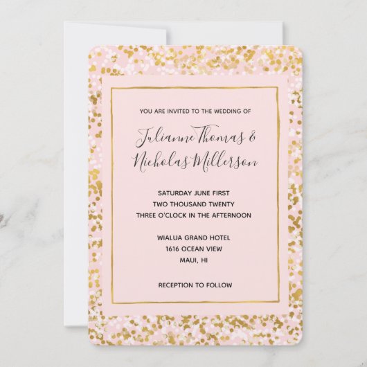 Goud Wit Roze Confetti Bruiloft uitnodigt Kaart (Voorkant)