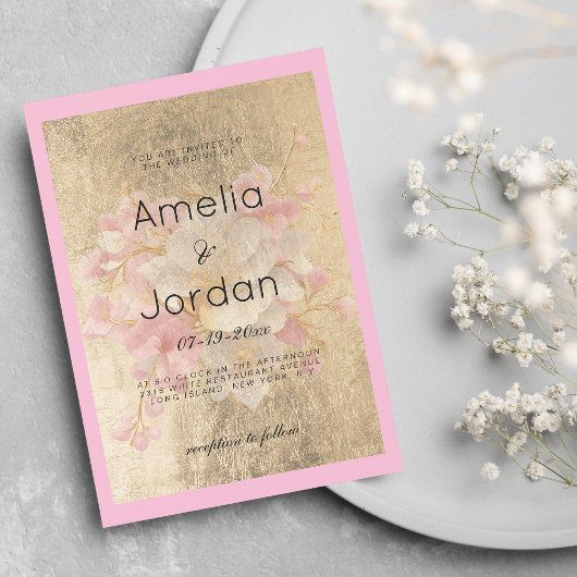 Goud wit roze kersenbloesem bloemenbruiloft kaart