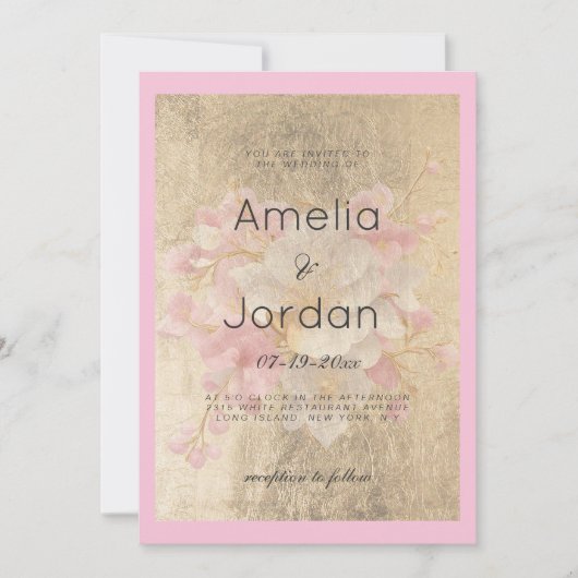 Goud wit roze kersenbloesem bloemenbruiloft kaart (Voorkant)