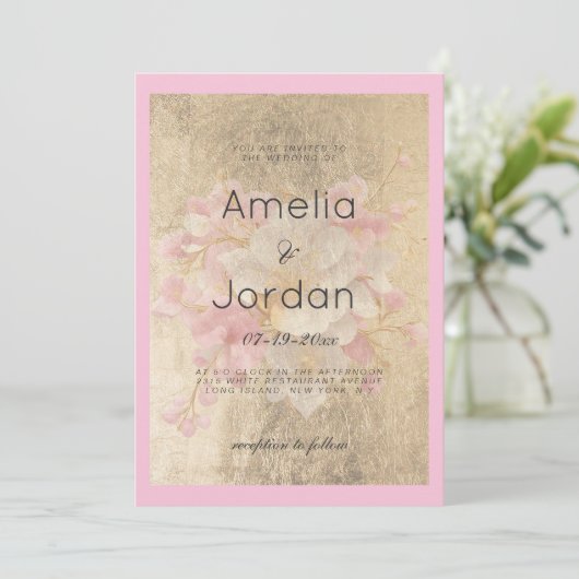 Goud wit roze kersenbloesem bloemenbruiloft kaart (Staand voorkant)