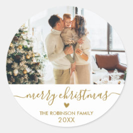 Goud Wit Script Familie Foto Vrolijk Kerstfeest Ronde Sticker