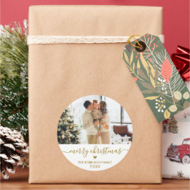 Goud Wit Script Familie Foto Vrolijk Kerstfeest Ronde Sticker