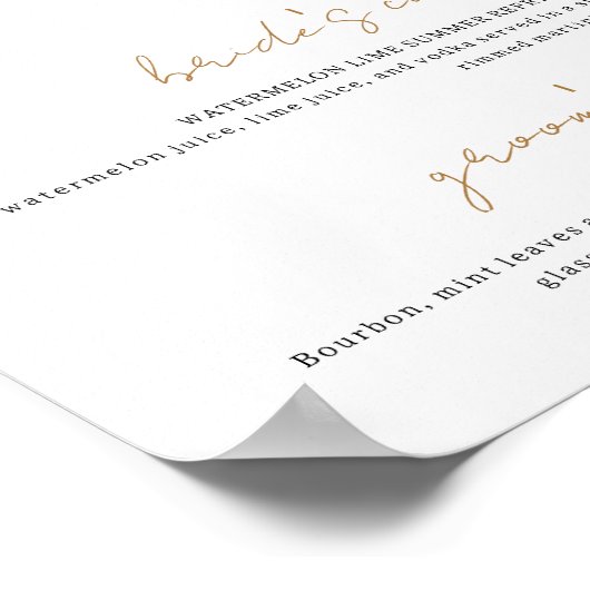 Goud & Wit Signature Drinken Bruiloft Bar Poster (Hoek)