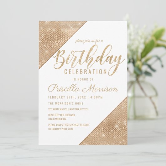 Goud Wit Sparkling Glitter Sequin Verjaardag Kaart (Staand voorkant)