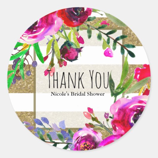 Goud Wit Strepen Vet Glam Bloemen Vrijgezellenfees Ronde Sticker (Voorkant)