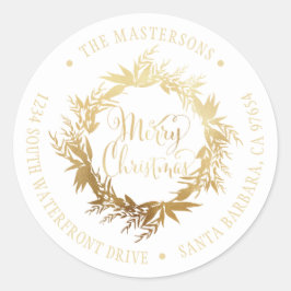 Goud Wit Vrolijk Kerstmis krans retouradres Ronde Sticker