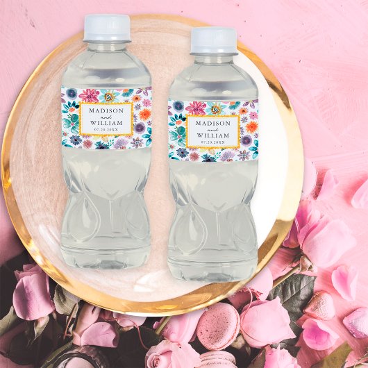 Goud Wit Wilde Bloem Waterverf Lente Botanisch Waterfles Etiket