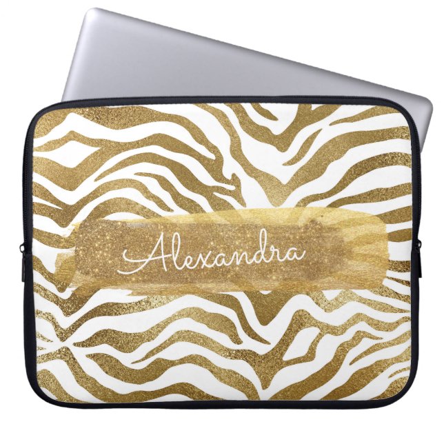 Goud & Wit Zebra Dierenprint met Gouden Glitter Laptop Sleeve (Voorkant)